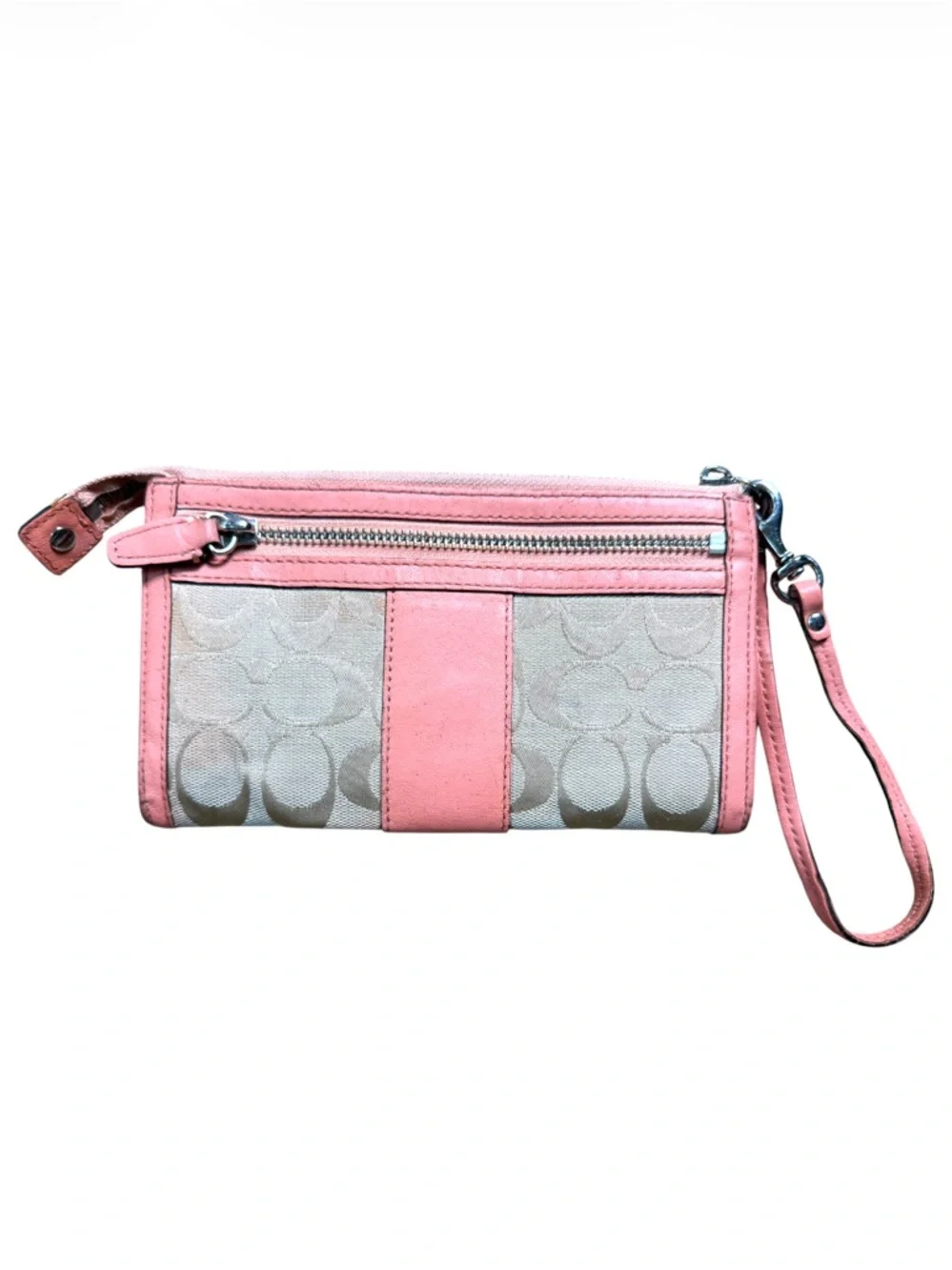 Coach Vintage Y2K Wristlet Pink/ Coral color Signature C Jaquard Canvas Leather - Picture 7 of 14